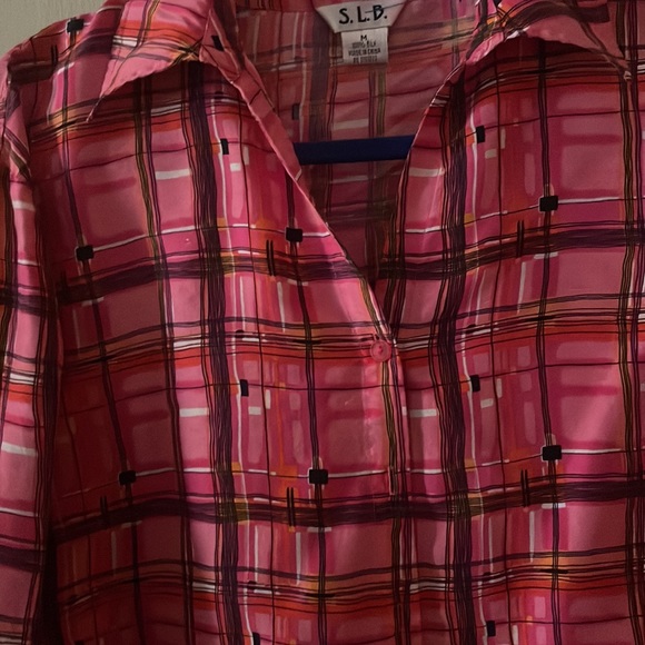 Vintage SLB hot pink plaid 100% silk button down - Picture 6 of 8